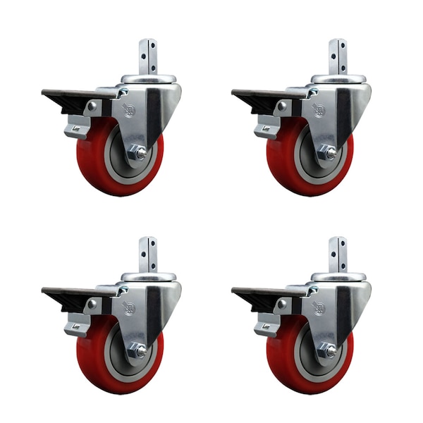 Service Caster 3.5'' Red Poly Wheel Swivel 7/8'' Square Stem Caster Set with Brake, 4PK SCC-SQ20S3514-PPUB-RED-PLB-78-4 - main